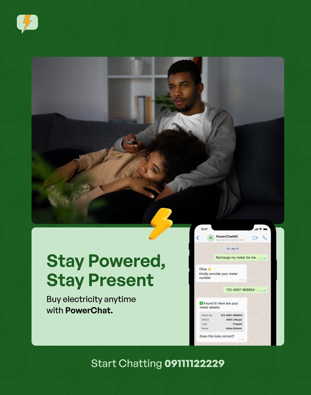 Nigerian couple relaxing at home, staying powered with PowerChatNG